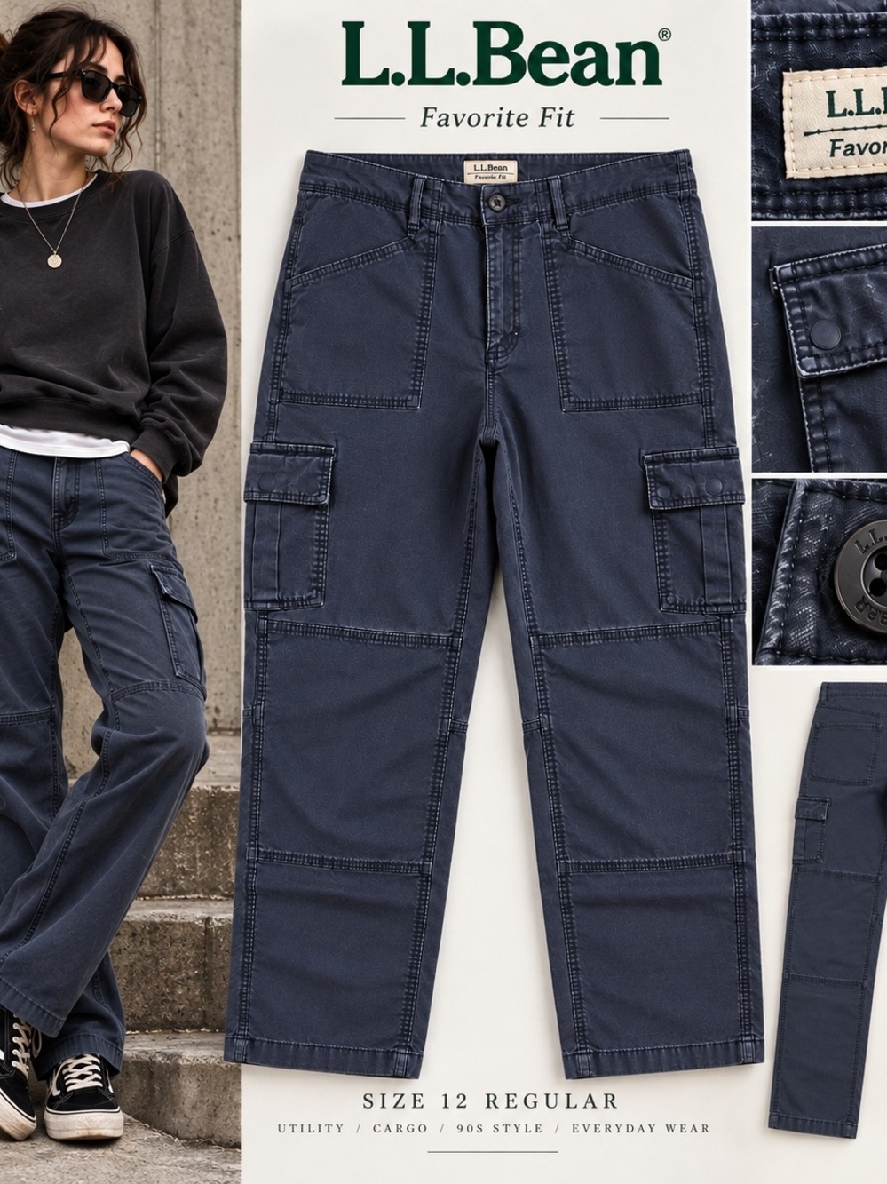 L.L.Bean Size 12 Navy Cargo Pants Utility Workwear Gorpcore Streetwear Grunge